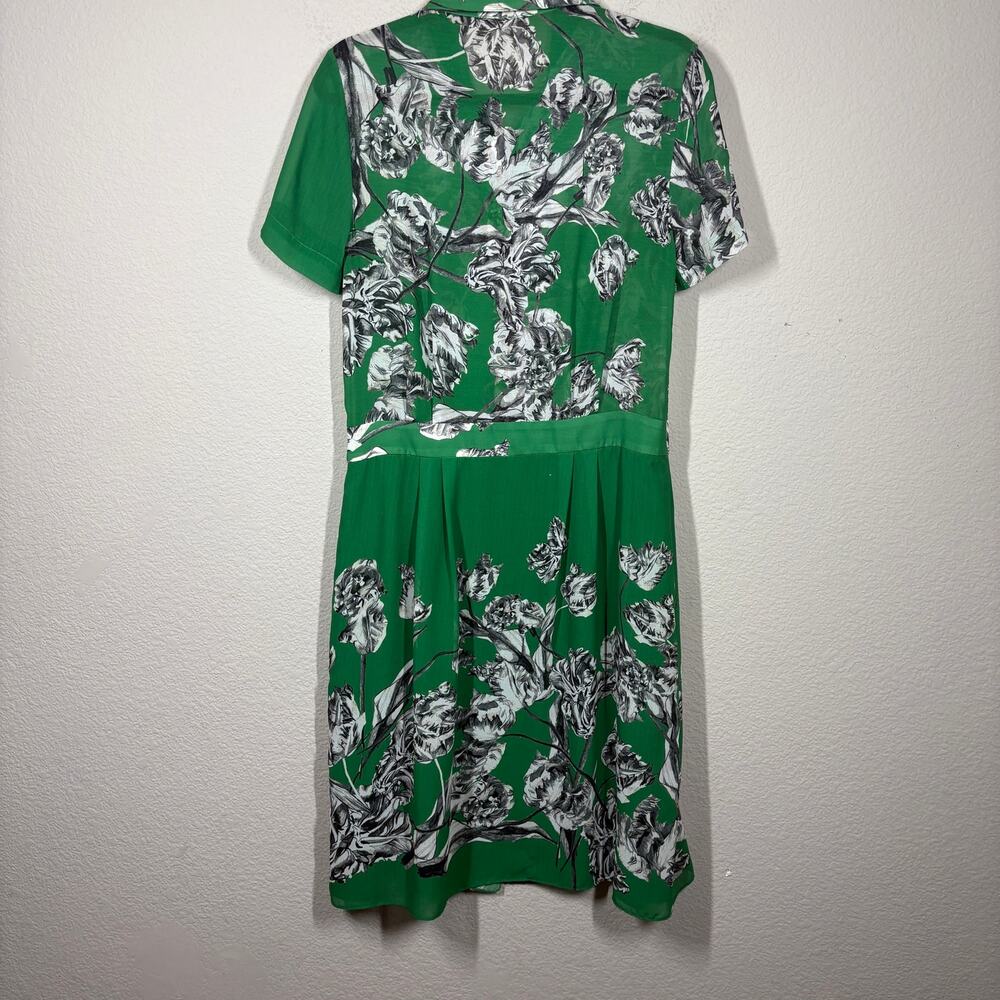 Derek Lam Shift Dress Green Floral Pleated Collared Short Sleeves - Picture 3 of 12